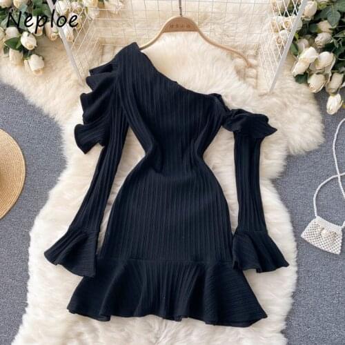 Neploe Stylish Diagonal Collar Off-shoulder Vestidos Mujer 2021 New Flare Sleeve Slim Waist Knitted Robe Ruffles Hen Dress Women