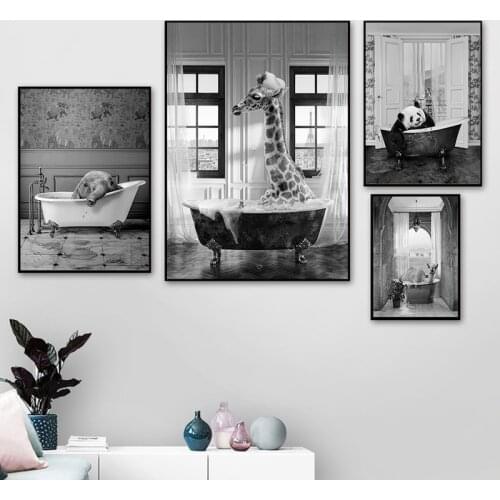 Giraffe Camel Elephant Panda Bath Canvas Paintings Animal In Bathtub Posters and Prints Wall Art Pictures for Living Home Decor