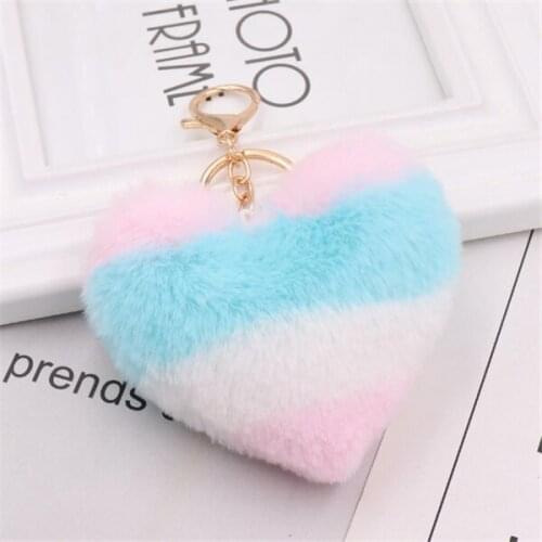 15pcs/Lot Girls Fashion Jewelry Keychains Heart Fluffy Stitching Color Pendant Key Ring Party Gift For Women Bags Car Decoration