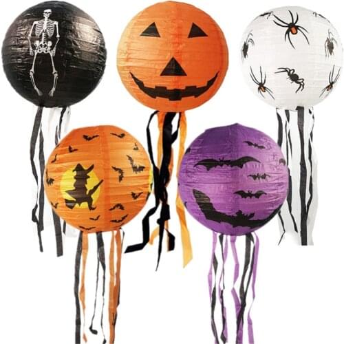 5 Pieces Halloween Paper Lanterns Bats Spiders Witches Pumpkins Skull Hanging Skeleton Decorative 8 Inches New Supplies