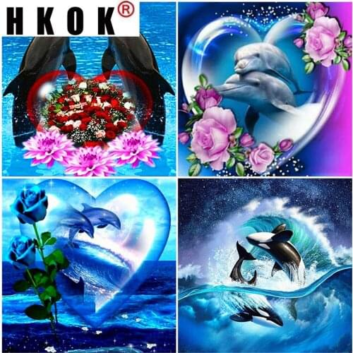 HKOK Cross Stitch Diamond Painting Dolphin Full Square Round Diamond Embroidery Animal DIY Rhinestones Pictures Handicrafts