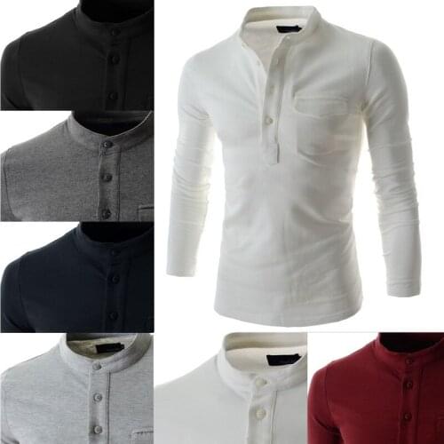 Mens T-Shirt Solid Color Long Sleeve Stand Collar Polo Pullover T-Shirt Casual Slim Type Cotton Tops