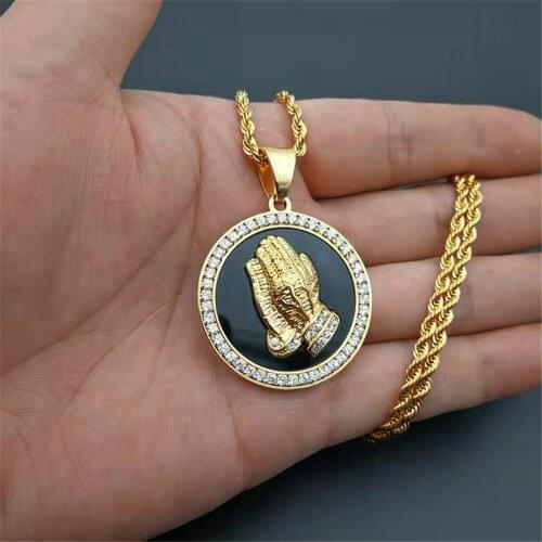 Hip Hop Iced Out CZ Praying Hands Pendant Necklace Charm For Men Women Gifts Gold Color Stainless Steel Jewelry Dropshipping