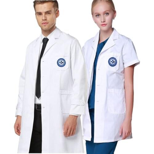 32‘’ Lab Coats Women Men Stylish White Coat Short Long Sleeve Polyester Cotton Buttons Front Consultation Work Tunic Suit