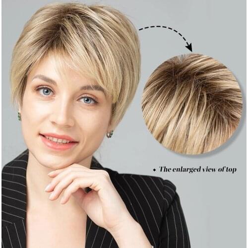 LANYI Hair Short Ombre Brown Mixed Blonde Synthetic Hair Wigs Natural Curly with Bangs Heat Resistant Full Wig for Women 6inch