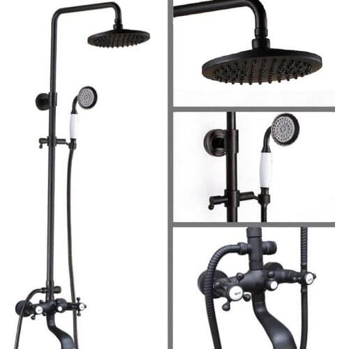 Black Oil Rubbed Brass Dual Cross Handles Bathroom 8 Inch Round Rain Shower Faucet Set Bath Tub Mixer Tap Hand Shower mhg106