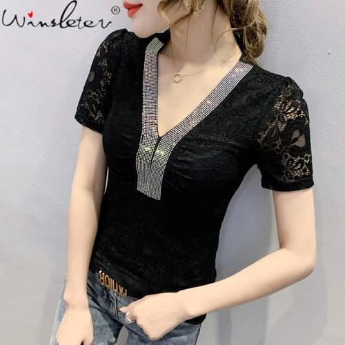 Summer Korean Style Lace T-Shirt Girls Chic Sexy V-Neck Shiny Diamonds Women Tops Short Sleeve Bottoming Shirt Tees 2021 T13102A