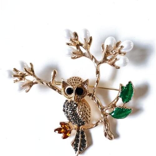 Fashion Owl Bird Vintage Elegant Peark Green Enamel Leaf Brooches Pins For Women Gift