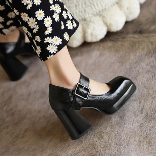 Fashion Square Toe Mary Jane Platform Shoes Women Black Ankle Strap High Heels Pumps Patent Leather Chunky Plus Size 32-48 T15