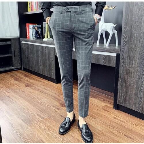 High Quality Grey Plaid Men Leisure Slim Fit Suit Pants Business Formal Men Trousers Comfortable Fashion Costume Pants Men