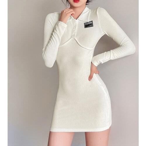 Autumn Turn-down Collar Long Sleeve Mini Bodycon Dress Women Casual Solid Creamy-white Button A-line Dress Fashion Streetwear