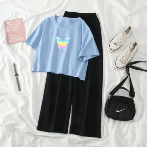 Casual Womens Tracksuit O-neck Short Sleeve Print Crop Top Wide Leg Pants Korean Student Girl Short Loose Tshirt Trousers Sets