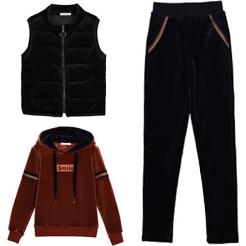 Autumn And Winter Leisure Sport Suit Plus Size Womens Plus Thick Loose Hooded Velvet Sweater Three-Piece 2020