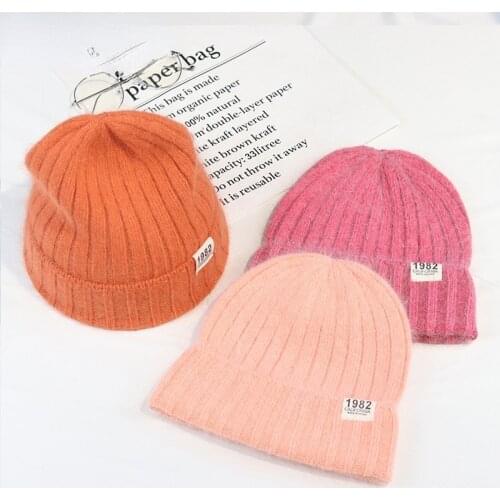 Fashion Solid Color Knit Bonnet Rabbit Fur Beanie Hat For Women Letter 1982 Winter Hat Outdoor Warm Knitted Skullies Hat