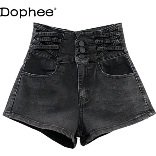 Womens Denim Shorts High Waist Hot Pants Spring and Summer Loose Wide-Leg Pants Fashion Single-Breasted A- Line Pants Black