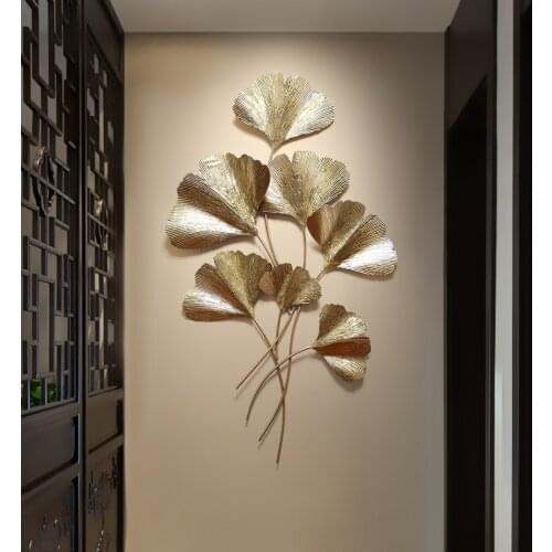 Modern 3D Wrought Iron Gold Ginkgo Pendant Wall Hanging Crafts Decoration Home Livingroom Wall Mural Ornaments Hotel Accessories