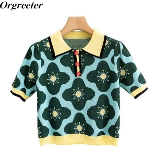 Summer New Thin Pullover Female Sweater Sweet Flower Jacquard Short Sleeve Loose Lapel Short Womens Knitwear Chic Flower Button