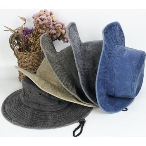 Unisex Vintage Washed Denim Cotton Boonie Hat Wide Brim Sunscreen Breathable Outdoor Fishing Bucket Cap with Chin Strap