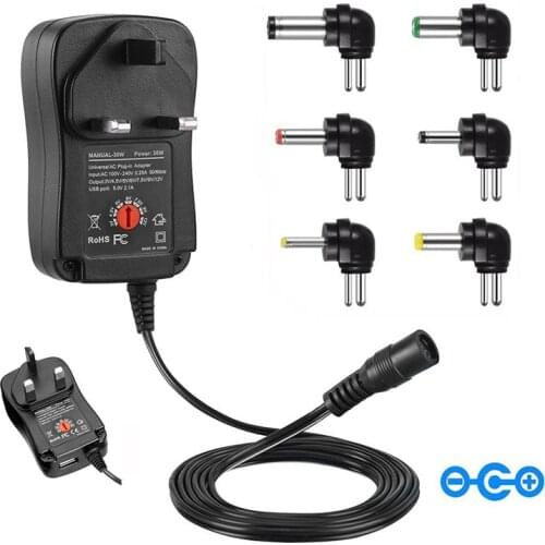3V-12V Smart Charger 30W Universal AC/DC Adapter Power Supply AC 110-240V With 6 Adapter and USB Port 5V 2.1 US/EU/UK Plug