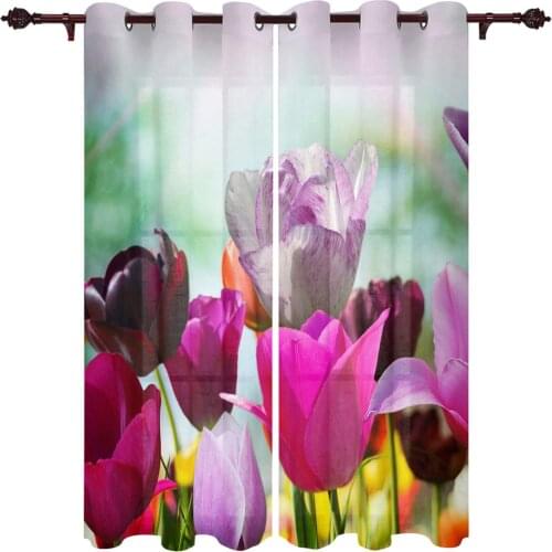 Kitchen Window Curtains Spring Colorful Tulips Adult Children Bedroom Decoration Living Room Hanging ClothTreatment Curtains