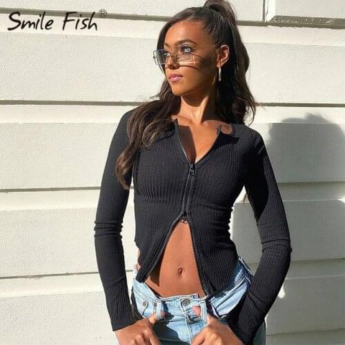 Harajuku T-Shirts O-Neck Long Sleeve Zippers Black White Casual Autumn Winter Tops Tees Female T Shirt Women Chic T-shirts G1649