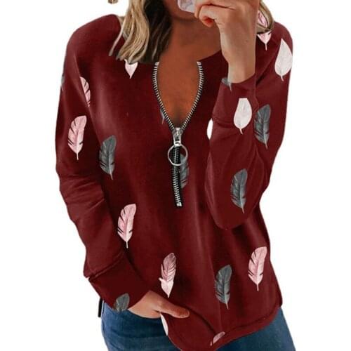 Women Tee Tops V-neck zipper feather print long-sleeved loose T-shirt