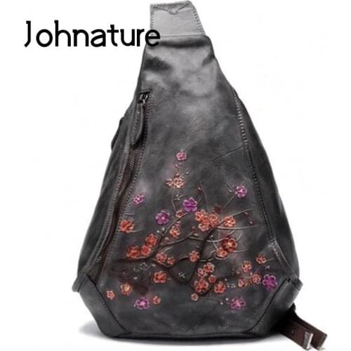 Johnature Retro Chest Bag Cow Leather Crossbody Bags For Women 2021 New Handmade Embossed Fashion Floral Lady Messenger Bag