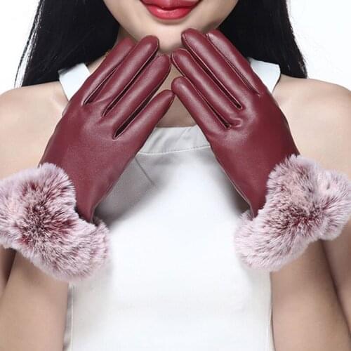 New Leather Gloves Female Ms Qiu Dong With Velvet Thickening touch-screen Imitation Rabbit Wool Warm Gloves