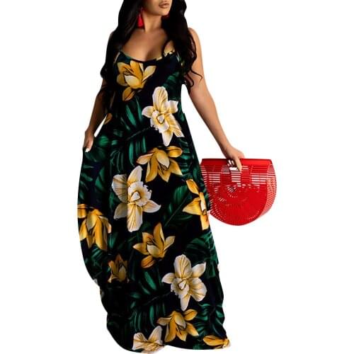 Plus Size Floral Print Sleeveless Maxi Dress Women Speghetti Strap O-Neck Sundress Summer Loose Vocation Beach Boho Dress D30