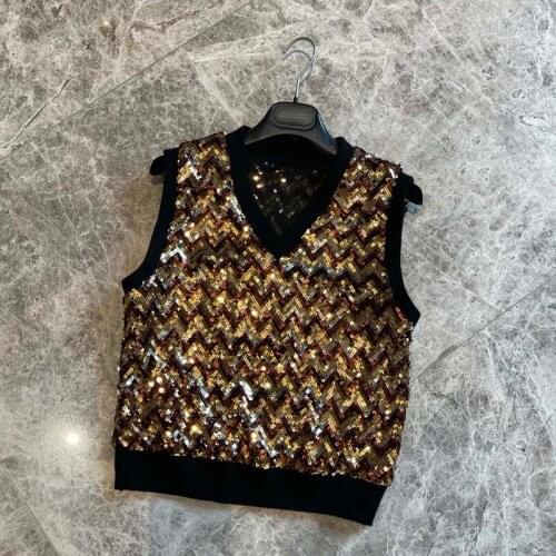 2021 womens fashion vest v-neck New Sequins knitted top brand new clothing 1230