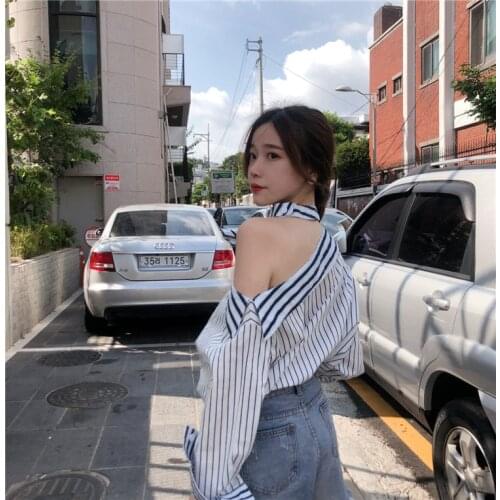 Spring 2021 New Temperament Stripe Shirt Irregular Off-shoulder Long Sleeve Top Women Blusas Mujer De Moda 2021 Verano