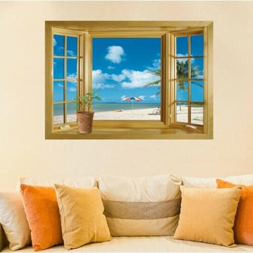 3D Window Scenery Beautiful Sea Beach View wall sticker fake window poster decorative poster Home Decor Vinyl Art Decal Mural