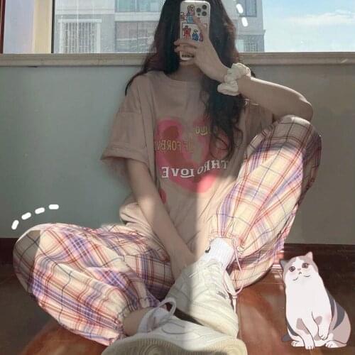 Girls Harajuku Plaid Wide Leg Pants Simple Vintage Plaid Long Women Trousers Street Straight clothes size punk vero lime vintage