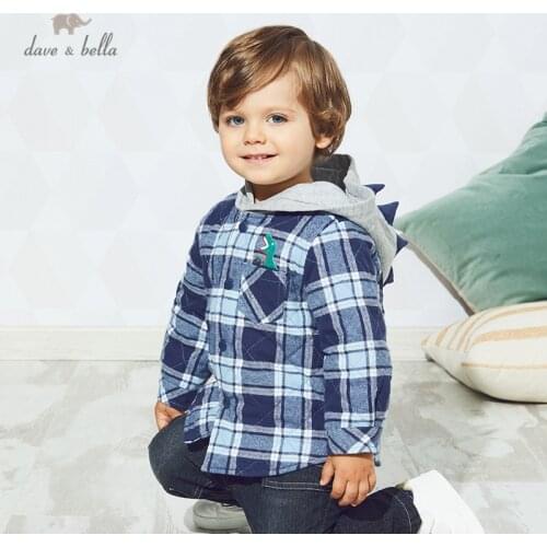 DBW15110 dave bella winter baby boys fashion cartoon plaid hooded coat children tops infant toddler outerwear