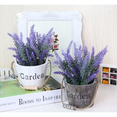 Wooden Bucket Vase Lavender Flower Set Artificial Plants Craft Home Christmas Wedding Decoration Garden Decors