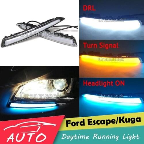3 Color DRL For Ford Kuga Escape 2013 2014 2015 2016 LED Car Daytime Running Light Driving Fog Lamp With Turn Signal