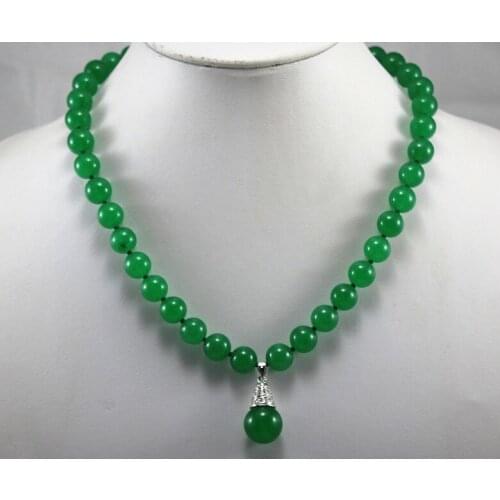 Decent and charm 8mm green Jade necklace match 14mm silver plated Jade pendant necklace for wedding
