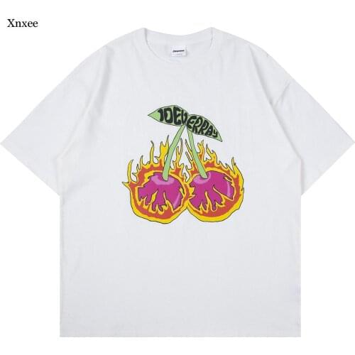 Men Hip Hop Streetwear t Shirt Cherry Fire Flame Letter Printed Harajuku Cotton Loose Summer Short Sleeve Daily Women Top 2021
