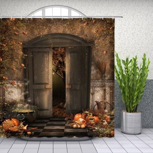 Halloween Shower Curtains Witch House Dilapidated Door Pumpkin Flower Plant Vine Holiday Themed Bathroom Decor Cloth Curtain Set