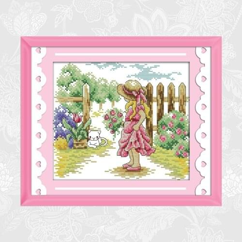 The girl seeing a cat Cross Stitch Patterns 14CT 11CT DIY Handwork Printed Canvas Embroidery Needlework sets Home Decor Crafts