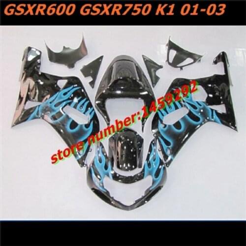 Fairings kit for SUZUKI K1 K2 GSXR600 GSXR750 2001-2003 blue flames black motorcycle fairing set GSXR 600 750 01 02 03