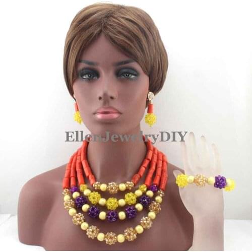 Fashion Orange Coral Beads Multicolors Crystal Ball Necklaces Nigerian African Wedding Beads Jewelry Set Free Shipping W13416