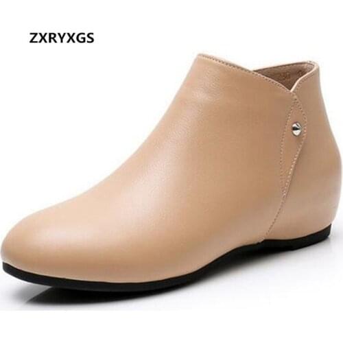 Newest Soft Top Cowhide Spring Boots Women Ankle Boots Flat Increase Within 1.5cm Large Size Hollow Leather Sandals Women Boots