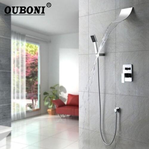 OUBONI Waterfall Shower Faucet Set With Hand Spray Chrome Finish Wall Mount Shower Mixer Taps Bathroom Bathtub Handle Shower Set