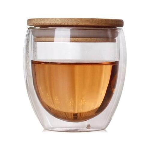 PINDEFANG 260ml Heat Insulated Double wall Glass Coffee Cup With Bamboo Lid Office Juice Mug bodum Water Tea Cup natural style