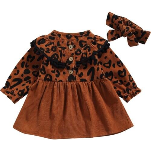 Infant Baby Girls Casual Two-piece Clothes Set, Brown Leopard Printed Pattern Long Sleeve Dress and Headdress