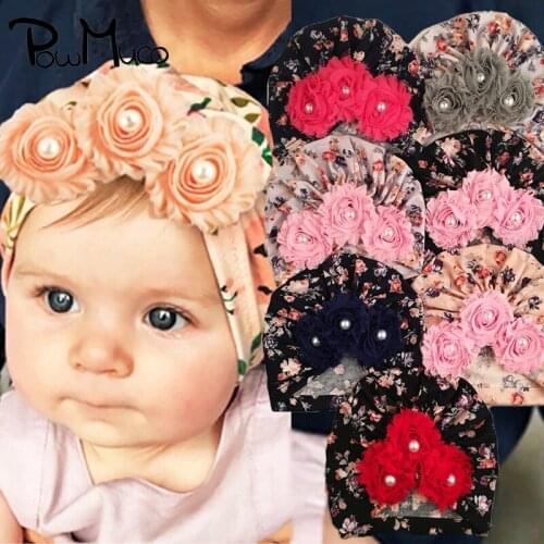 Powmuco 18*17 CM Colorful Flowers Pattern Baby Indian Hat Handmade Pearl Floral Children Caps Fashion Print Turban Birthday Gift