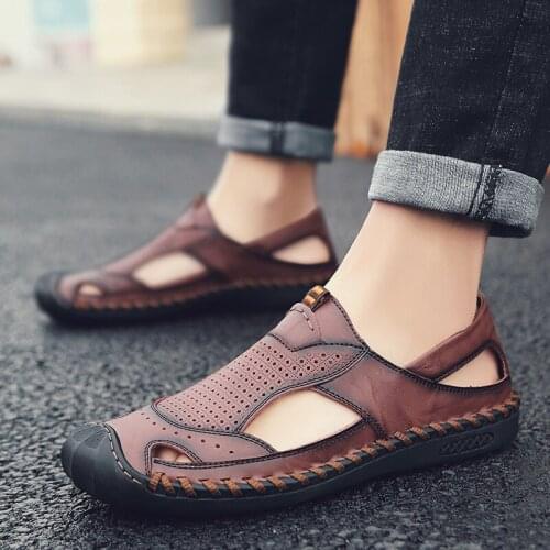 Cork water casual hollow work leather sandalie home summer sandles flops male slides roman beach platform sandal indoor fashion