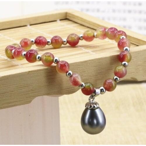 Multicolor Stone 6mm Jades Chalcedony Round Beads Strand Bracelets Women Drop Shell 12*16mm Drop Pendant Jewelry 7.5inch B3171