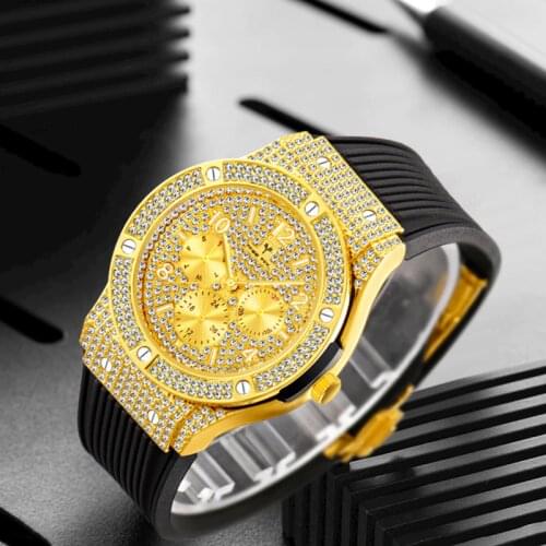 MISSFOX Luxury Mens Quartz Watch Rubber strap Waterproof Men Quartz Watch Lab Diamond Set Golden Clock Hours Relogio Masculino